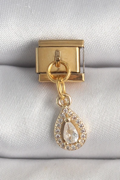 316L Çelik Gold Renk Sallantı Damla Zirkon Taşlı Nomination Charm - TJ-BC1354