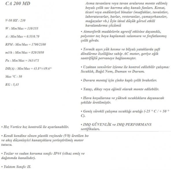 Vortice CA 200 MD Konut Ticari Endüstriyel Mağaza Havalandırma Fanı Max. 1050 m3/h Yuvarlak Kanal Tipi Fan AGMair Agm Hava - 6