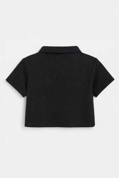 Kadın Polo Yaka Fermuarlı Crop T-Shirt - 2