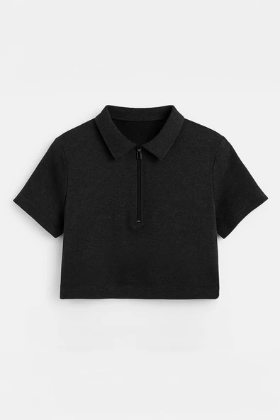 Kadın Polo Yaka Fermuarlı Crop T-Shirt