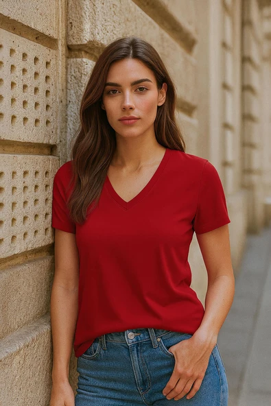 Kadın V Yaka Kısa Kollu Düz T-Shirt - 7