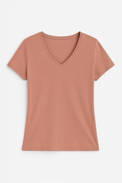 Kadın V Yaka Kısa Kollu Düz T-Shirt - Resim 8