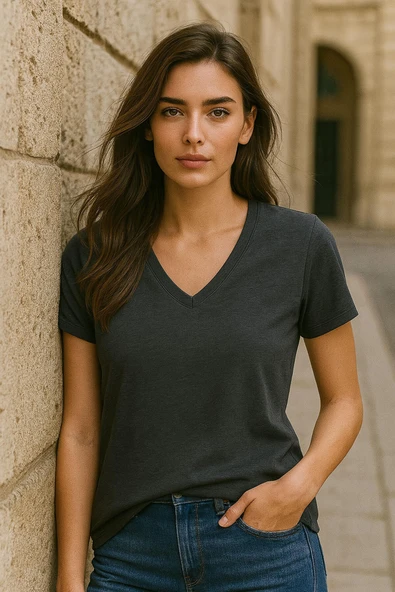 Kadın V Yaka Kısa Kollu Düz T-Shirt - Resim 10