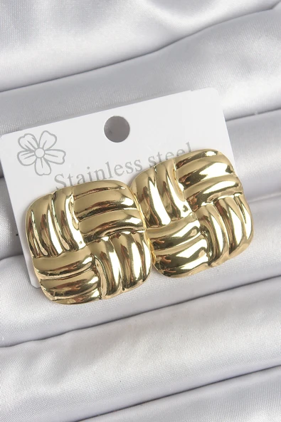 316 Çelik Gold Renk İşlemeli Kare Plaka Model Kadın Küpe - TJ-BKP10521