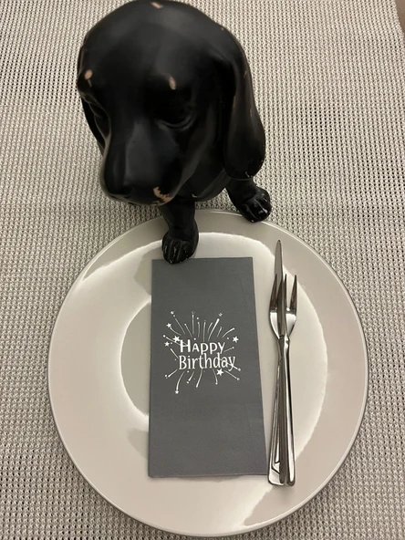 Gümüş Yaldızlı Gri Happy Bırthday Garson Katlama Peçete 16 Adet ürün görseli 1