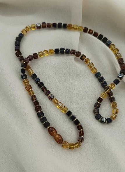 Kolye Kehribar Amber Doğaltaş Küp Kesim Yetişkin Kolyesi - 4
