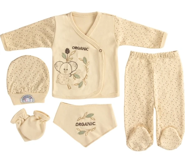 %100 Organik Pamuk Koala Desenli 5'li Zıbın Seti 1-3 Ay Lüks Yenidoğan Bebek Seti - Resim 3