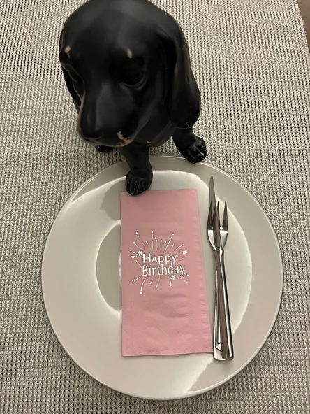 Gümüş Yaldızlı Pembe Happy Bırthday Garson Katlama Peçete 16 Adet