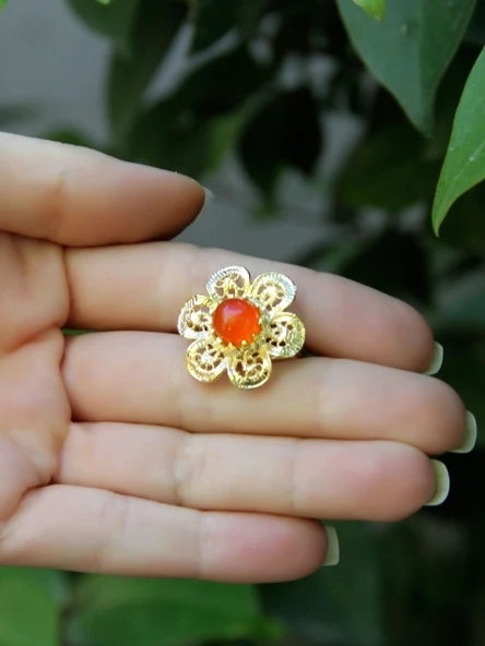 Doğal Taş Akik Doğal Taşlı Çiçek Model Telkari Kadın Ayarlanabilir Altın Kaplama Yüzük euy59ag - Resim 3
