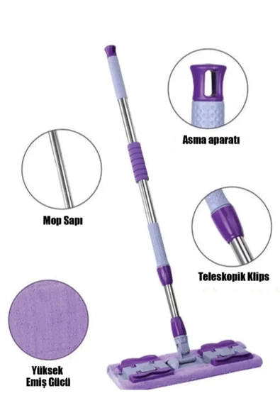 Panayır Home Mop Fayans Cam Duvar Yüzey Temizlik Mikrofiber Mandallı Mop 130cm - 2