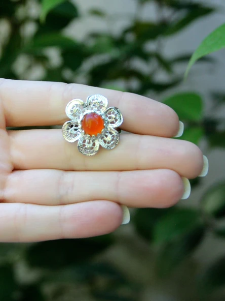 Doğal Taş Akik Doğal Taşlı Çiçek Model Telkari Kadın Ayarlanabilir Gümüş Kaplama Yüzük euy59ar - Resim 3