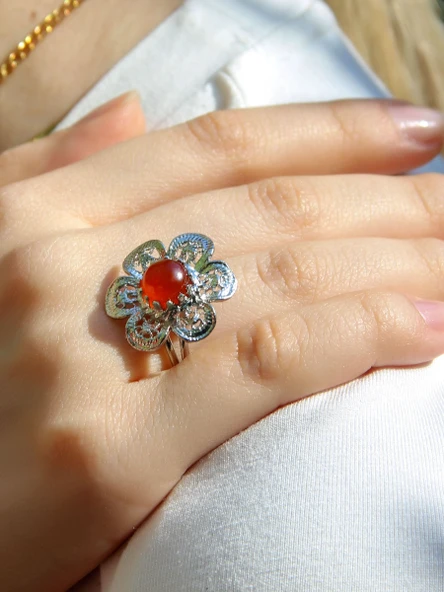 Doğal Taş Akik Doğal Taşlı Çiçek Model Telkari Kadın Ayarlanabilir Gümüş Kaplama Yüzük euy59ar - Resim 2