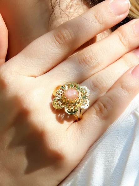 Doğal Taş Pembe Kuvars Doğal Taşlı Çiçek Model Telkari Kadın Ayarlanabilir Altın Kaplama Yüzük euy59pkg - Resim 2