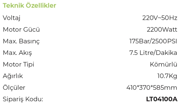 LUTİAN LT701-2200A - 170 BAR Elektrikli Yüksek Basınçlı Oto Araba Yıkama Makinası Kömürlü Motor - Resim 3