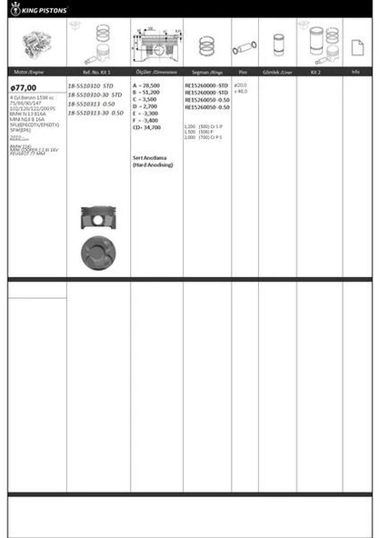 PISTON SEGMAN STD 77.00mm BMW N13 B16 F20 F30 MINI N18 R55 R56 R58 R59 R60 PEUGEOT 5FW EP6 5008 308 3008 207 CITROEN C3 C4