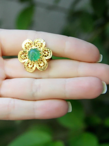 Doğal Taş Yeşil Akik Doğal Taşlı Çiçek Model Telkari Kadın Ayarlanabilir Altın Kaplama Yüzük euy59yar - Resim 3