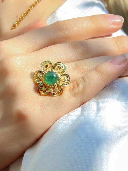 Doğal Taş Yeşil Akik Doğal Taşlı Çiçek Model Telkari Kadın Ayarlanabilir Altın Kaplama Yüzük euy59yar ürün görseli