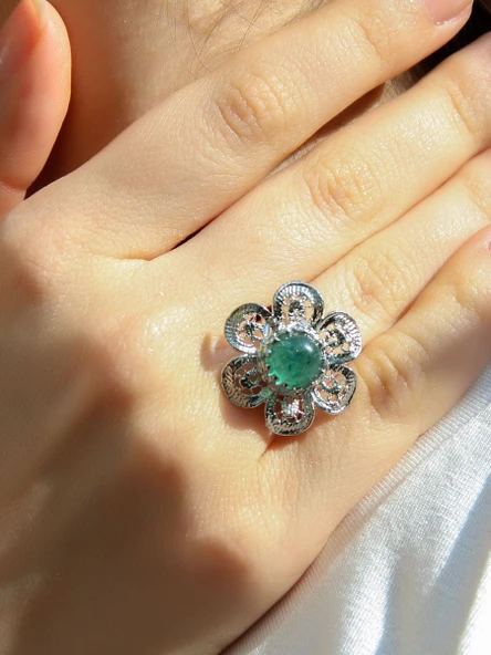 Doğal Taş Yeşil Akik Doğal Taşlı Çiçek Model Telkari Kadın Ayarlanabilir Gümüş Kaplama Yüzük euy59yag - Resim 2