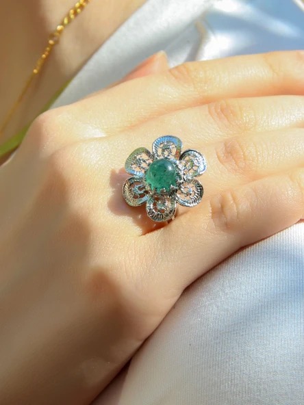 Doğal Taş Yeşil Akik Doğal Taşlı Çiçek Model Telkari Kadın Ayarlanabilir Gümüş Kaplama Yüzük euy59yag ürün görseli
