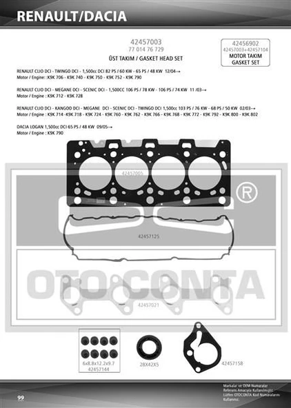 ÜST TAKIM CONTASI CLIO-KNG-MGN-LOGAN-SANDERO 1.5DCI K9K 712-714-718-724-760 TEFLON KEÇELİ SUB.LAS