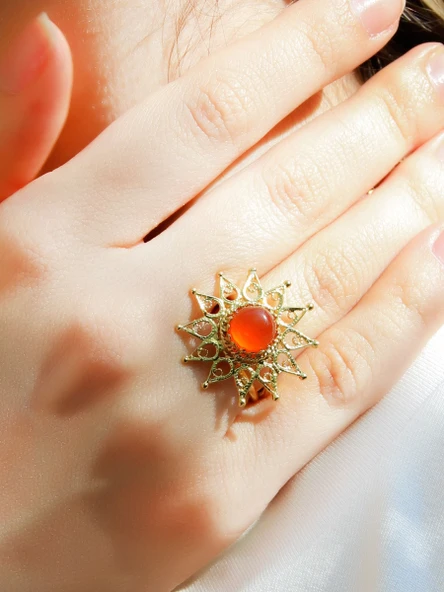 Doğal Taş Akik Doğal Taşlı Yıldız Model Telkari Kadın Ayarlanabilir Altın Kaplama Yüzük euy60ag - Resim 2