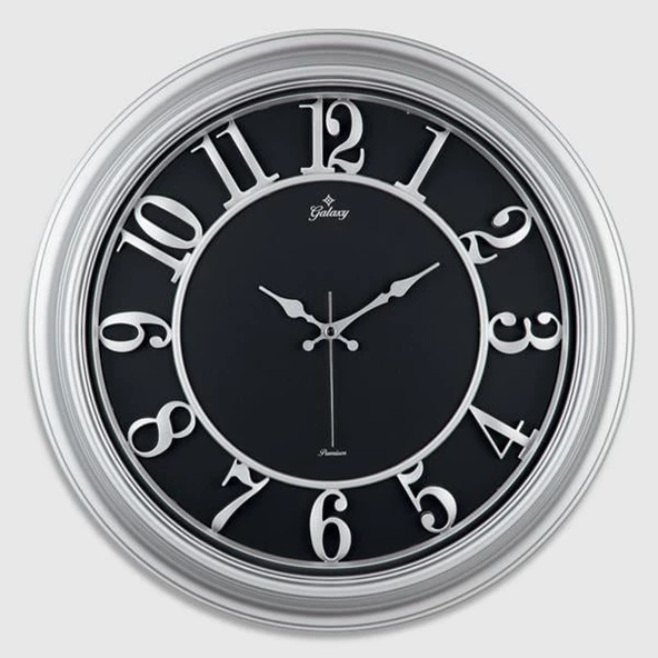 DUVAR SAATİ GRİ ÇERÇEVE İÇİ SİYAH 46CM KABARTMA RAKAMLI SELEFON KORUMALI AMERİKAN BRİSTOL KADRAN METAL AKREP/YELKOVAN/SANİYE AKAR SANİYELİ MEKANİZMA AKRİLİK BOYA ABS HAMMADDE MİNERAL CAM