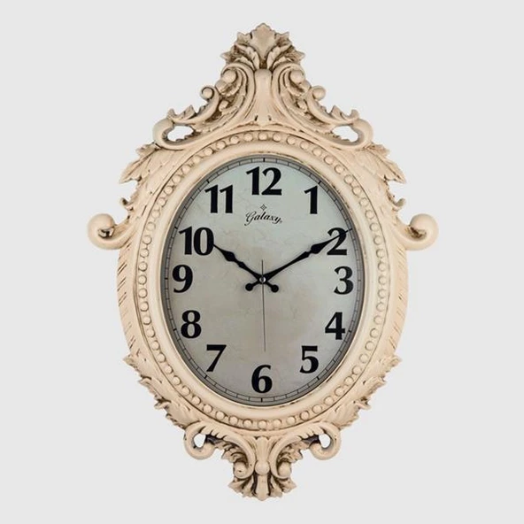 731-CV DUVAR SAATİ KREM RENGİ ÇERÇEVE ÇAP:73cm x 54cm VİNTAGE TAÇLI EKSİTME DEKORATİF AMERİKAN BRİSTOL KADRAN AKAR SANİYELİ MEKANİZMA AKRİLİK BOYA MİNERAL CAM