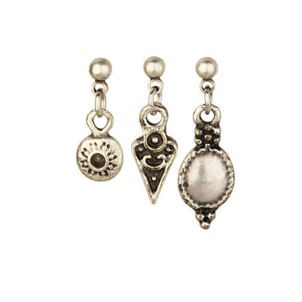 KL- ÜÇLÜ OBJE ETNİK YUVARLAK MODEL ESKİTME SİLVER RENK KÜPE