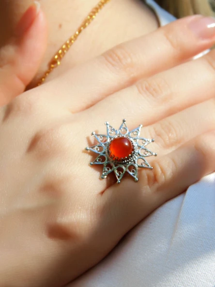 Doğal Taş Akik Doğal Taşlı Yıldız Model Telkari Kadın Ayarlanabilir Gümüş Kaplama Yüzük euy60ar ürün görseli