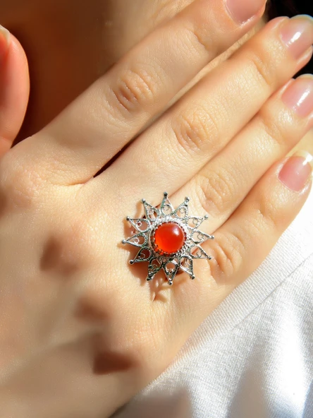 Doğal Taş Akik Doğal Taşlı Yıldız Model Telkari Kadın Ayarlanabilir Gümüş Kaplama Yüzük euy60ar - Resim 2