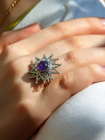 Doğal Taş Ametist Doğal Taşlı Yıldız Model Telkari Kadın Ayarlanabilir Gümüş Kaplama Yüzük euy60amtr ürün görseli