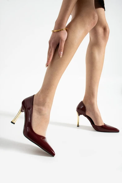 ORPNY Bordo Rugan Kadın Stiletto Altın 9cm Topuklu Kadın Topuklu Ayakkabı - 2