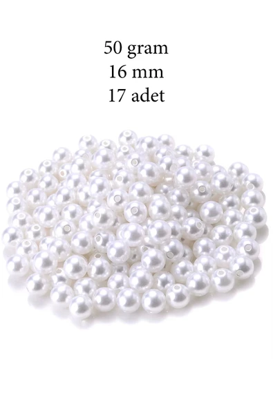 50 gram 16mm Beyaz Renk Plastik İnci Boncuk Çanta ve Takı Yapım Boncuğu (~17 adet)