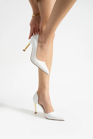 ORPNY Beyaz Rugan Kadın Stiletto Altın 9cm Topuklu Kadın Topuklu Ayakkabı - 3
