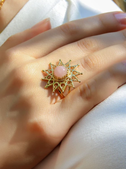 Doğal Taş Pembe Kuvars Doğal Taşlı Yıldız Model Telkari Kadın Ayarlanabilir Altın Kaplama Yüzük euy60pkg - 2