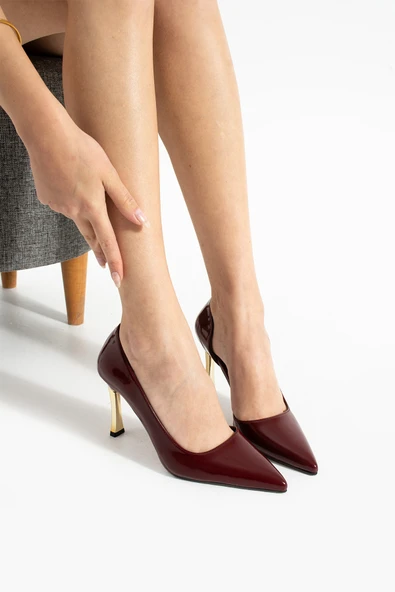 ORPNY Bordo Rugan Kadın Stiletto Altın 9cm Topuklu Kadın Topuklu Ayakkabı - 4