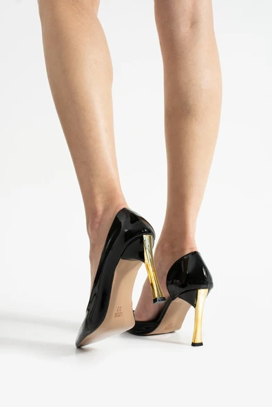ORPNY Siyah Rugan Kadın Stiletto Altın 9cm Topuklu Kadın Topuklu Ayakkabı - 4