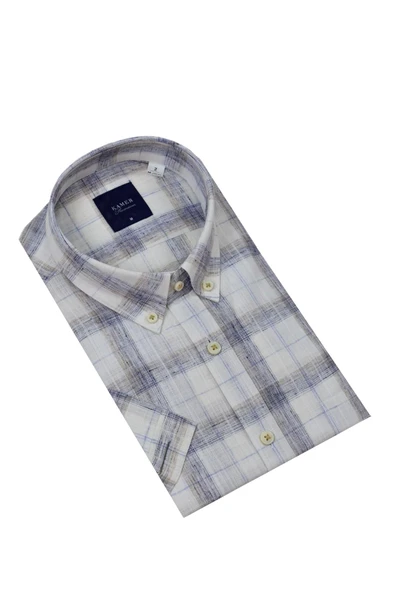 Erkek Klasik Ekose Kısa Kol Gömlek Pamuk Keten 9339 BGL-ST04586 - Resim 8