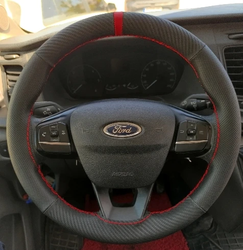 DİKİŞLİ DİREKSİYON KILIFI KARBON NOKTA DERİ KIRMIZI YÜZÜK / DİKİŞ FORD TRANSİT 2020 KASA İÇİN - 2