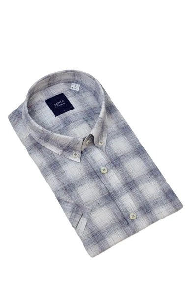 Erkek Klasik Ekose Kısa Kol Gömlek Pamuk Keten 9486 BGL-ST04584 - Resim 8