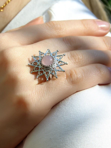 Doğal Taş Pembe Kuvars Doğal Taşlı Yıldız Model Telkari Kadın Ayarlanabilir Gümüş Kaplama Yüzük euy60pkr - Resim 2
