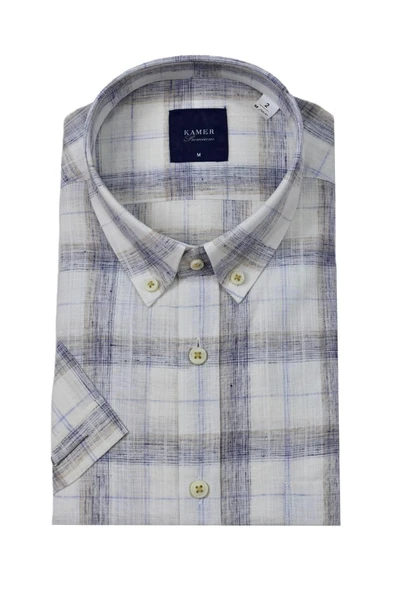 Erkek Klasik Ekose Kısa Kol Gömlek Pamuk Keten 9339 BGL-ST04586 - Resim 4