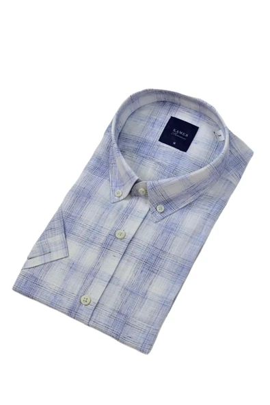 Erkek Klasik Ekose Kısa Kol Gömlek Pamuk Keten 9343 BGL-ST04585 - Resim 7