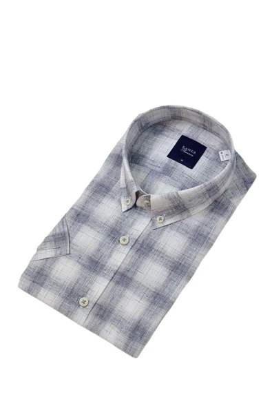 Erkek Klasik Ekose Kısa Kol Gömlek Pamuk Keten 9486 BGL-ST04584 - Resim 6