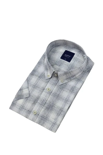 Erkek Klasik Ekose Kısa Kol Gömlek Pamuk Keten 9343 BGL-ST04585 - Resim 6