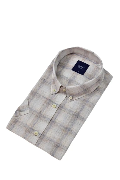 Erkek Klasik Ekose Kısa Kol Gömlek Pamuk Keten 9486 BGL-ST04584 - Resim 7