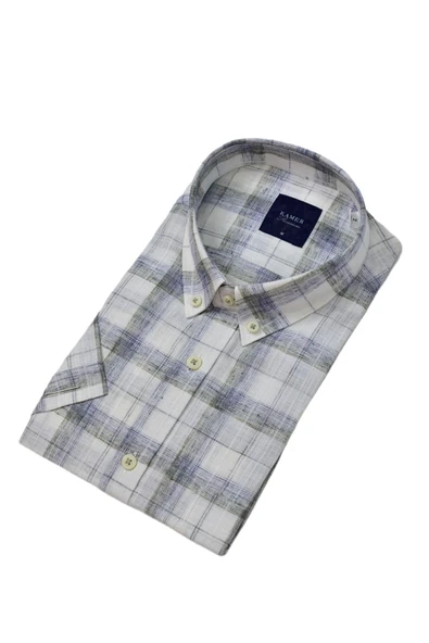 Erkek Klasik Ekose Kısa Kol Gömlek Pamuk Keten 9339 BGL-ST04586 - Resim 7