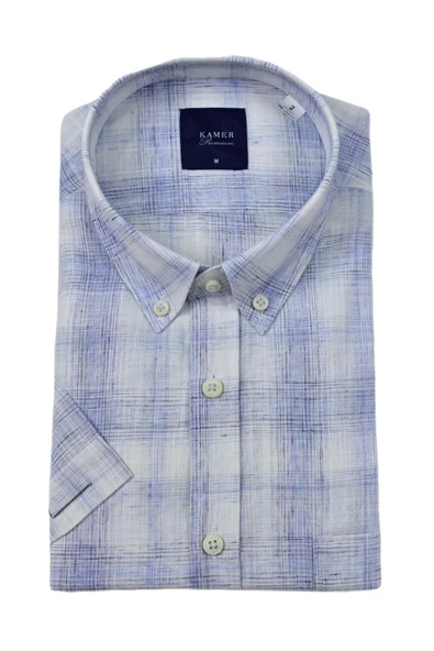 Erkek Klasik Ekose Kısa Kol Gömlek Pamuk Keten 9343 BGL-ST04585 - Resim 5