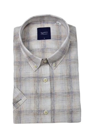 Erkek Klasik Ekose Kısa Kol Gömlek Pamuk Keten 9486 BGL-ST04584 - Resim 5