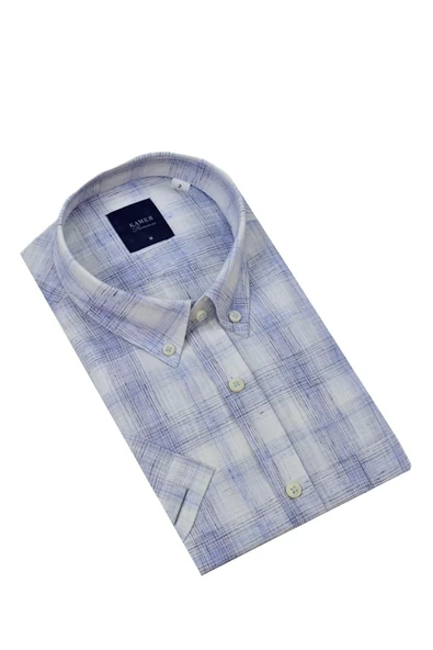 Erkek Klasik Ekose Kısa Kol Gömlek Pamuk Keten 9343 BGL-ST04585 - Resim 9